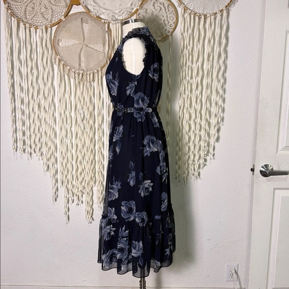 Kate Spade Navy and Light Blue Floral Chiffon Embellished Midi Length Dress XS